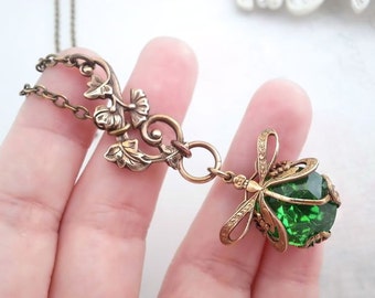 Green dragonfly necklace, lariat necklace, Art Nouveau asymmetrical necklace, dragonfly jewelry, filigree jewelry, bug pendant necklace