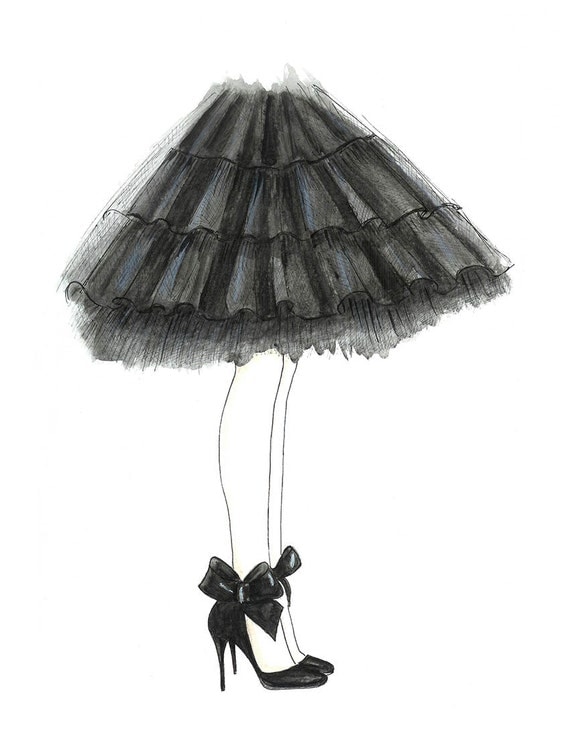 Watercolor Black Tulle Skirt and Bow Shoes Fashion Illustration- Black and White Fashion Sketch Print- Teen Wall Art- Girls Room Decor