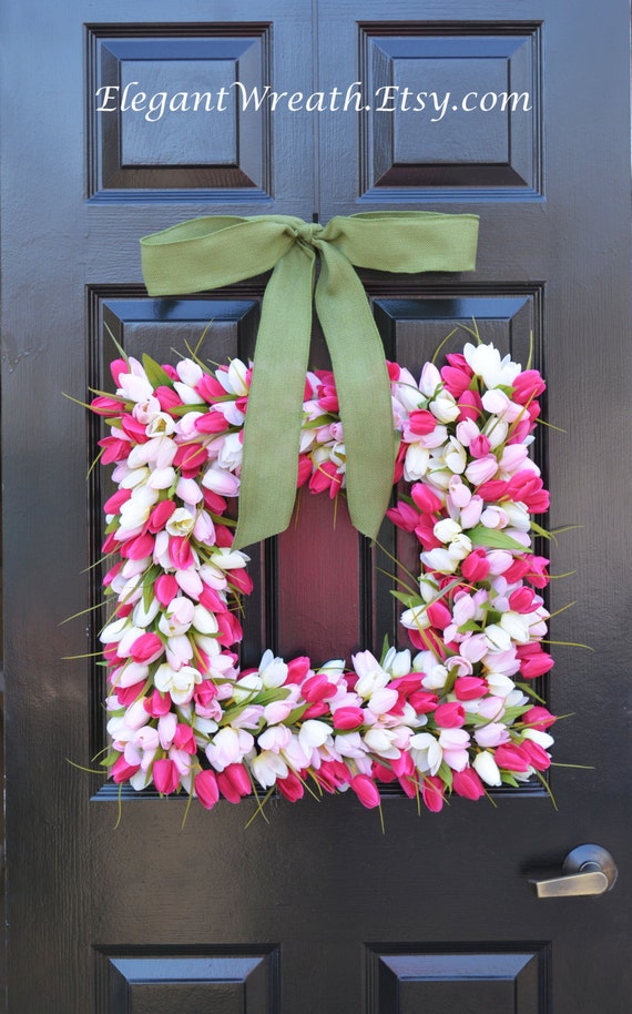 SPRING WREATH SALE Pink Tulip Square Spring Wreath- Door Wreath- Easter Wreath- Tulip Wreath- 20 inch shown, custom colors- The Original Tul