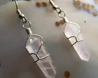 Rose Quartz earrings - rose quartz pink crystal gemstone double terminated point wire wrap surgical stainless steel french hook wires