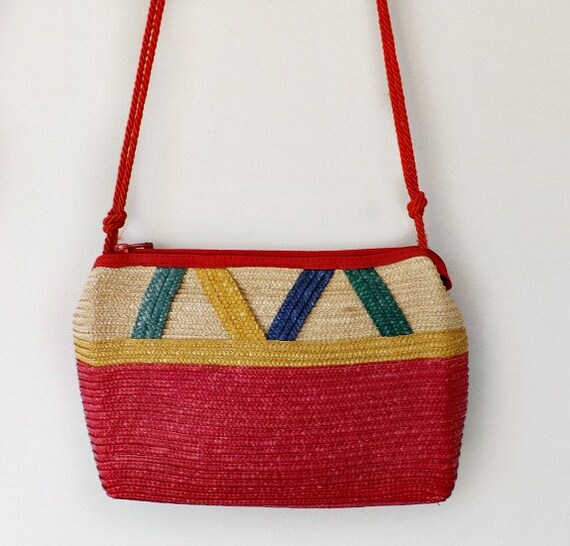 Vintage Straw Handbag, 80's Color Blocked Straw Handbag, Deadstocked