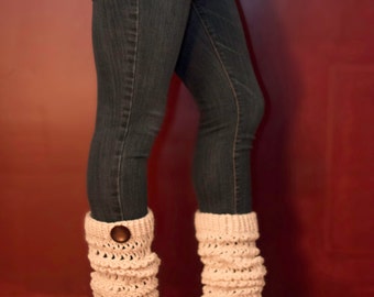 Creme Legwarmers with large button - slouchy legwarmers - boot socks - long boot socks - winter accessory
