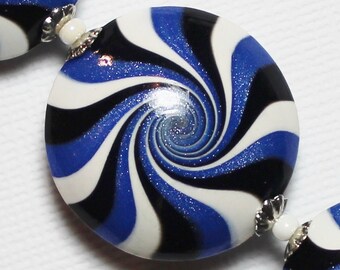 Blue Moon... Handmade Polymer Clay Beads Bead Set Lentils Swirl Spiral Navy Blue Black White Silver Bead Caps Jewelry Supplies Sparkly