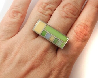 On Sale Was 95.  FLW Grid Ring (OOAK 3D printed enamel ring)