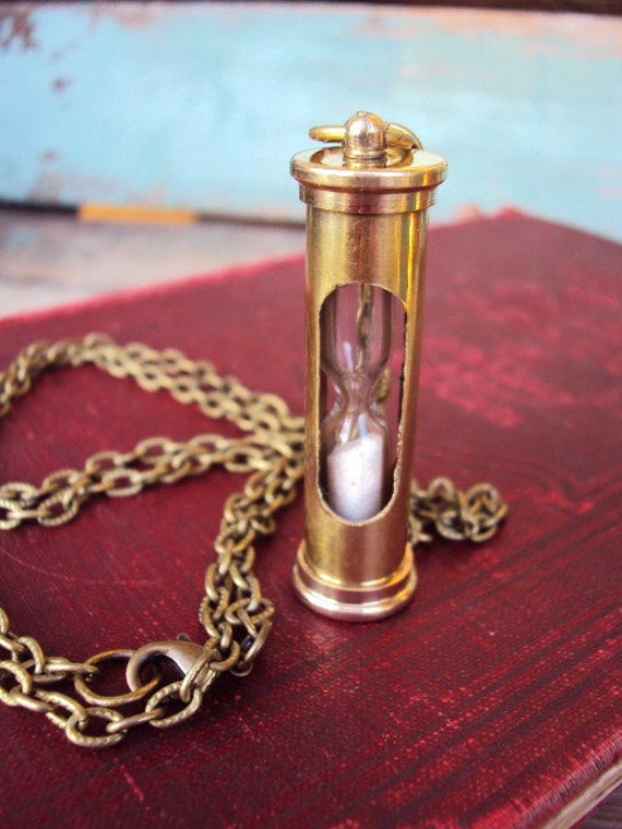 Hourglass Pendant Necklace Long Chain In Antique Brass Working 3342