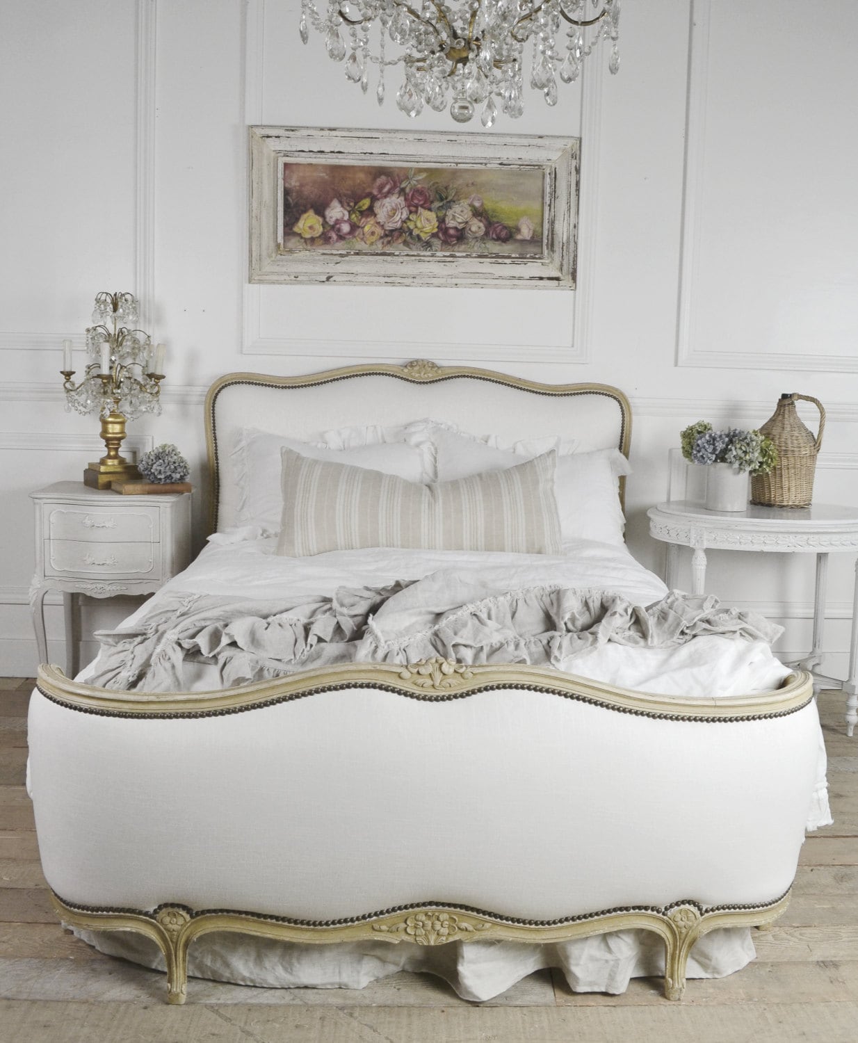 Antique French Upholstered Bed with Nail Head Trim