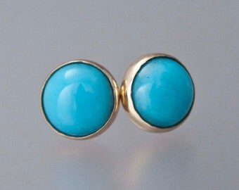 Turquoise Gold Stud Earrings - 8mm solid 14k gold bezel settings, posts and backs