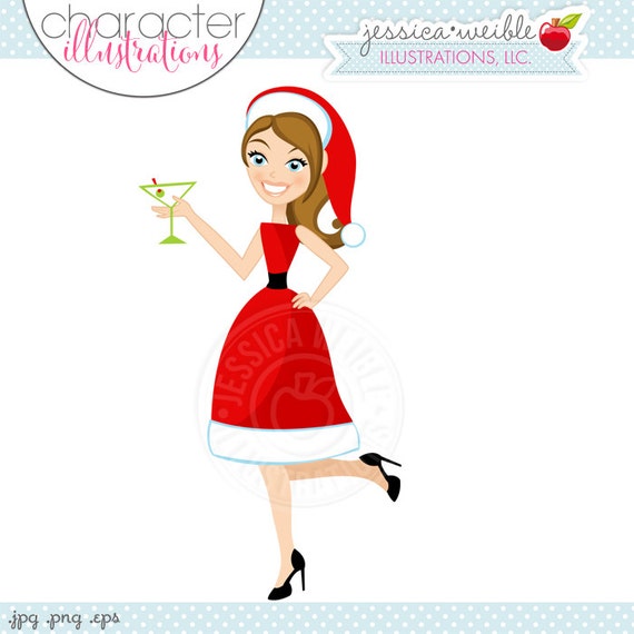 Ms Cocktail Claus Character Illustration - Brunette, Cartoon Illustration, Woman in Santa Dress, Christmas Character, Party Cocktails Il_570xn