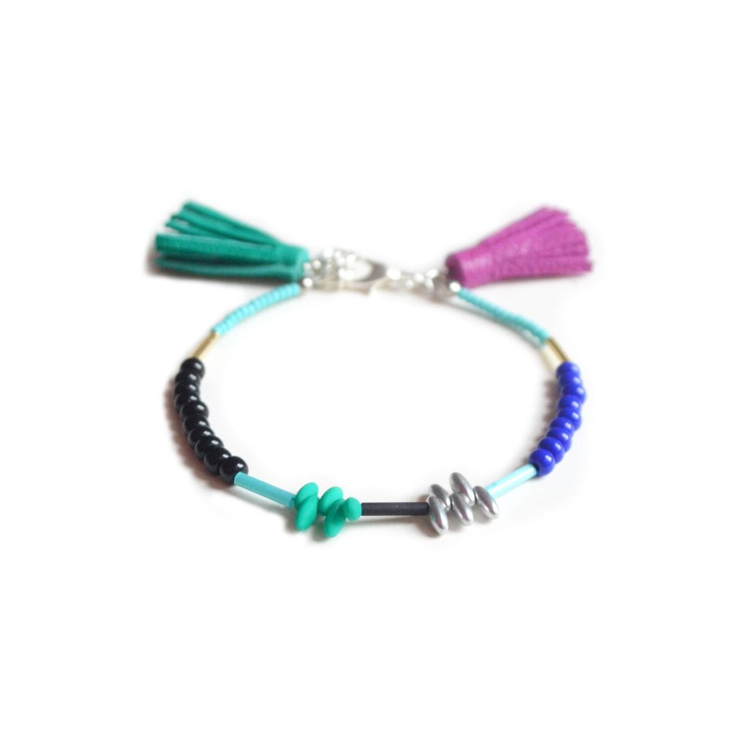 Beaded Friendship Bracelet Emerald Green and Fuchsia Leather