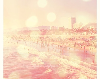 photography, California beach art, pink home decor, Santa Monica print, summer vacation, seashore, Los Angeles seaside, crowded beach print