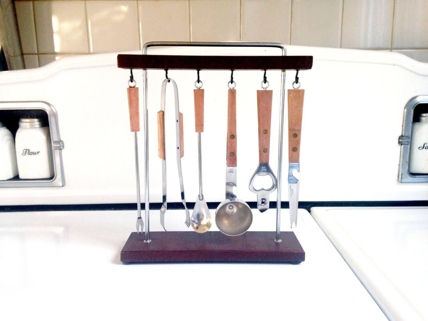 Vintage Hanging Wood Bar Tool Set