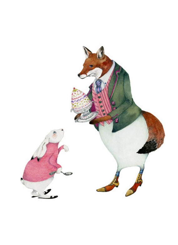 Fox print Giclee illustration Fox and White Rabbit with a Trifle 8x11 print