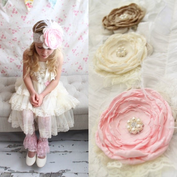 Rustic Wedding Chiffon Rose Lace Flower Headband. Pink, Beige Buff Champagne, Ivory Cluster. 1st Birthday Photo Shoot. Wedding Flower Girl by ChicCoutureBoutique