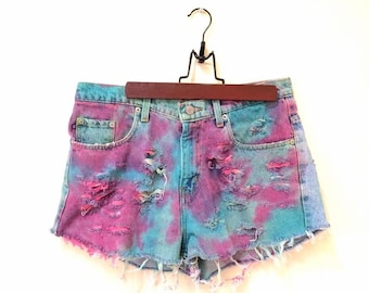 Painted Jean Shorts High Waisted Colorful / Pastel by bambiFALANA