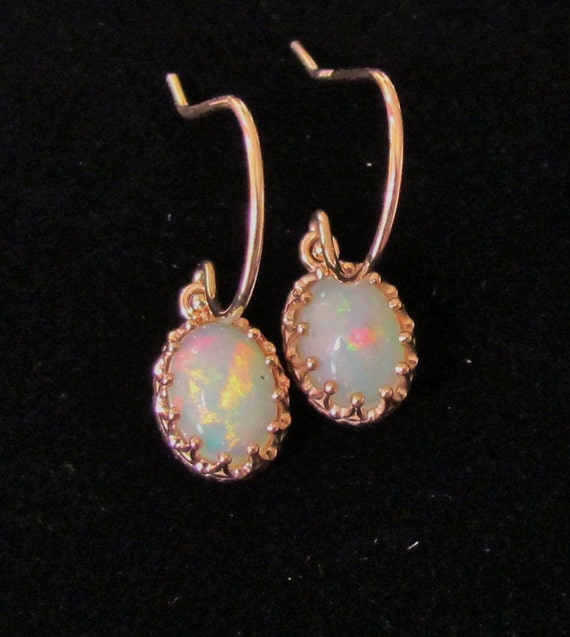 14k Rose Gold Opal Dangle Earrings Vintage by PristineJewelry