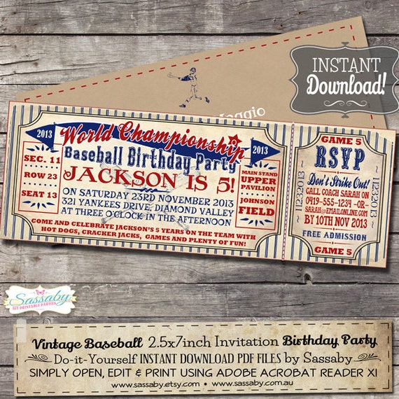 Vintage Baseball Birthday Invitation - INSTANT DOWNLOAD - Editable & Printable Birthday Invitation by Sassaby Il_570xn