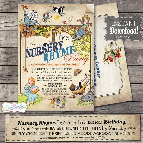 Nursery Rhyme Invitation - INSTANT DOWNLOAD - Editable & Printable Party Invitation by Sassaby Il_570xn