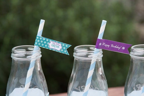 Snowflake Birthday Straw Flags - Winter Wonderland Birthday - PERSONALIZED - DIY Digital PDF File Il_570xn