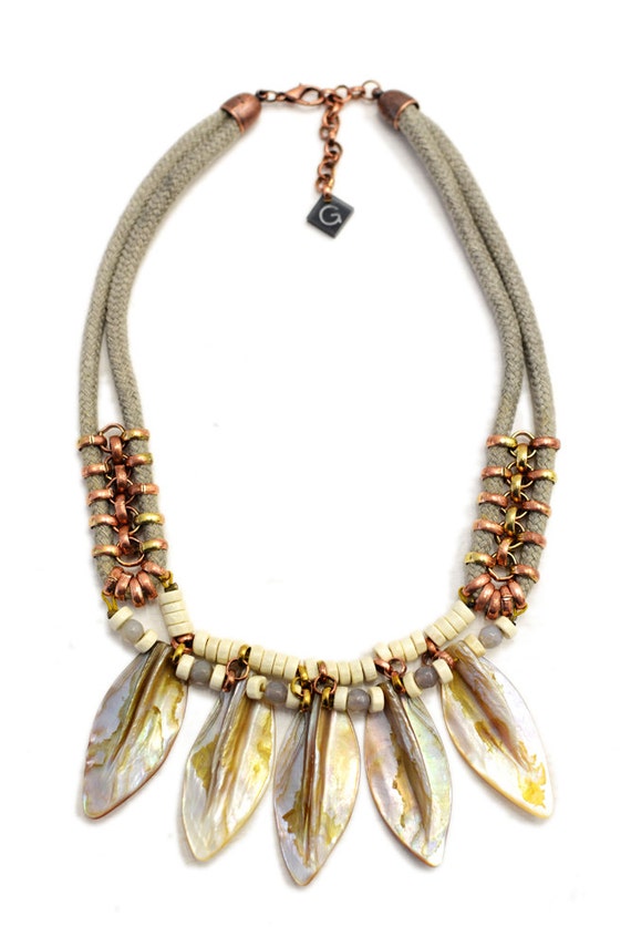 Items similar to Beaded Shell Statement Necklace, Mother of Pearl Fan ...
