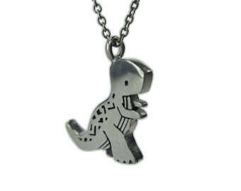 Tyrannosaurus Rex Dinosaur Necklace with Geometric Design - Pewter T-Rex Pendant