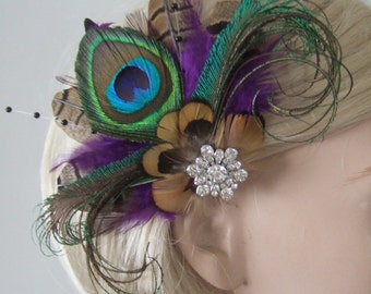 Purple Brown Peacock Pheasant Feathers Fascinator Hair Clip "Lyssa" Bridal - 1 Day to Make - Bride Bridesmaids Woodland Wedding Party Ideas
