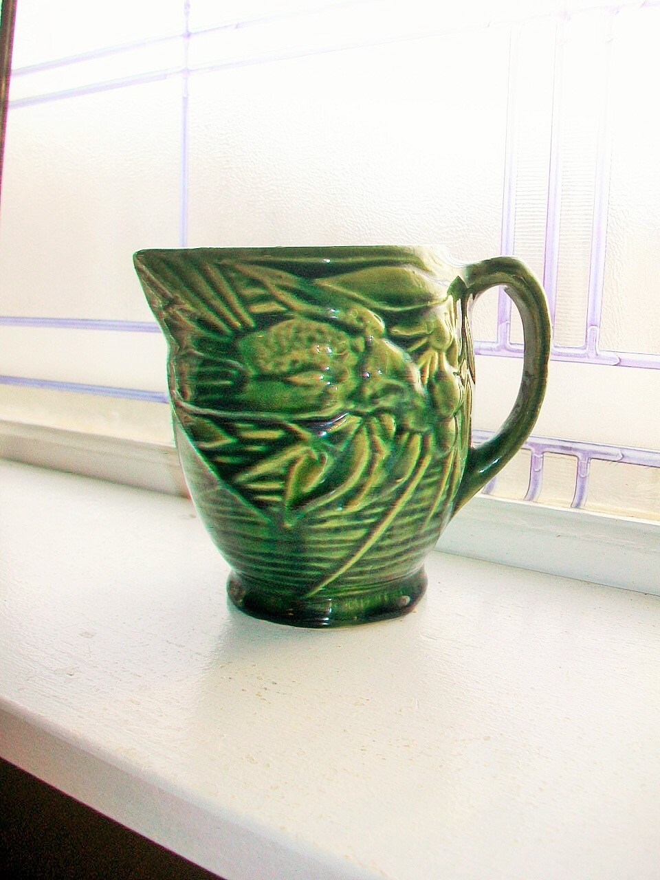 Antique Stoneware Pitcher Dark Green Birds and Berries