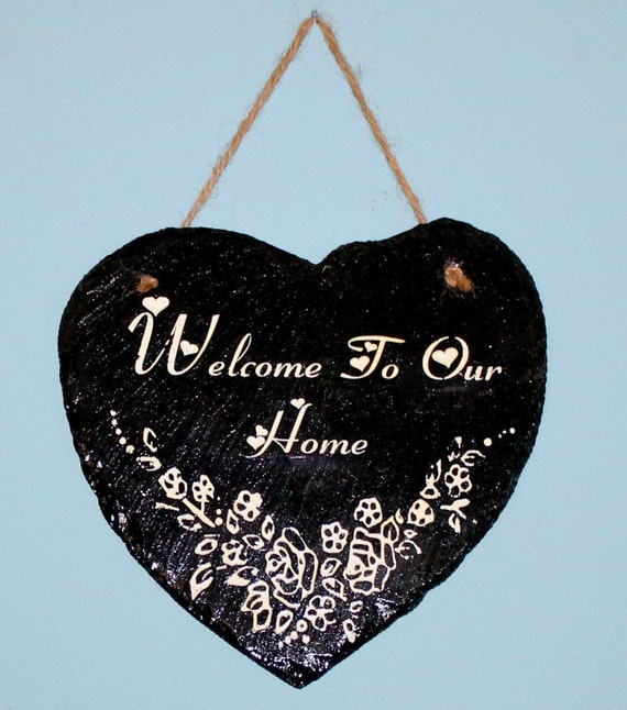 Engraved Heart Shaped Welcome Sign made of Slate