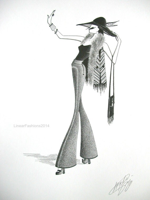 Items similar to Fashion illustration - boho girl - hippie chic ...