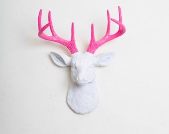 Faux Taxidermy - The MINI Boris - White W/ Pink Antlers Resin Deer Head- Stag Resin White Faux Taxidermy
