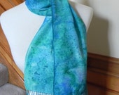 Sea blue and green hand dyed crepe silk scarf with fringe, # 383, Ready to ship
