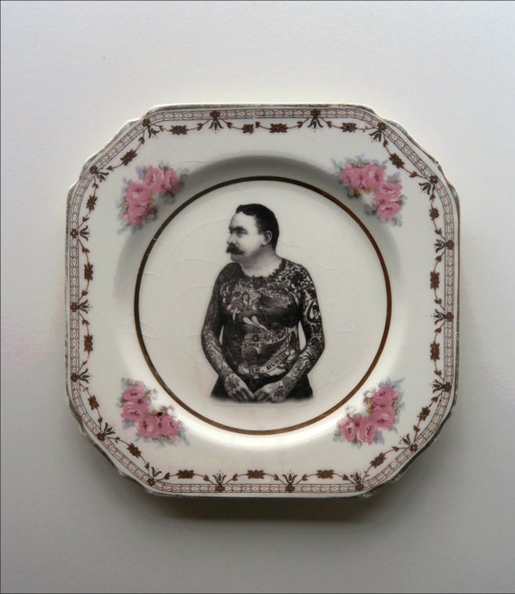 Vintage Victorian Moustache Tattooed Man Plate Altered Art steampunk buy now online