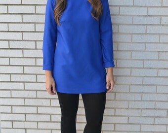 Vintage Royal Blue Oriental Syle Mini Dress With Side Slits At Leg