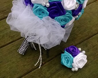 Royal Blue and White Ribbon Rose Bouquet with Brooch Accents