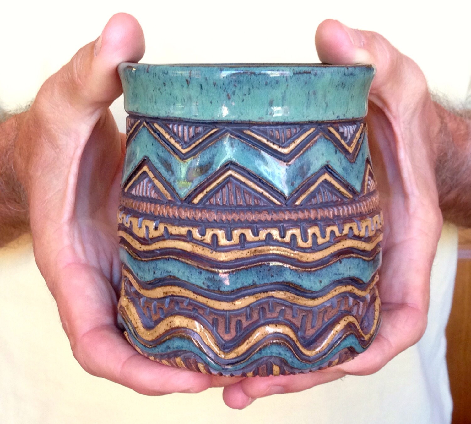 Hand Carved Handless Mug Pencil Holder Jar Blue Green