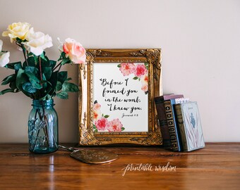 Nursery Bible Verse wall art, printable Scripture Print floral Christian wall decor poster, inspirational, Jeremiah 1:5 INSTANT DOWNLOAD