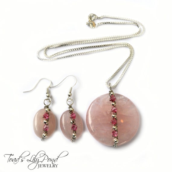 Rose Quartz Jewelry Set Necklace and Earring Set Pink Rose