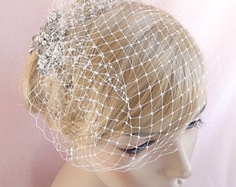 bridal birdcage veil with rhinestone adornment, small birdcage, wedding bird cage veil, Russian veiling ivory, beige, white, pink Style 630