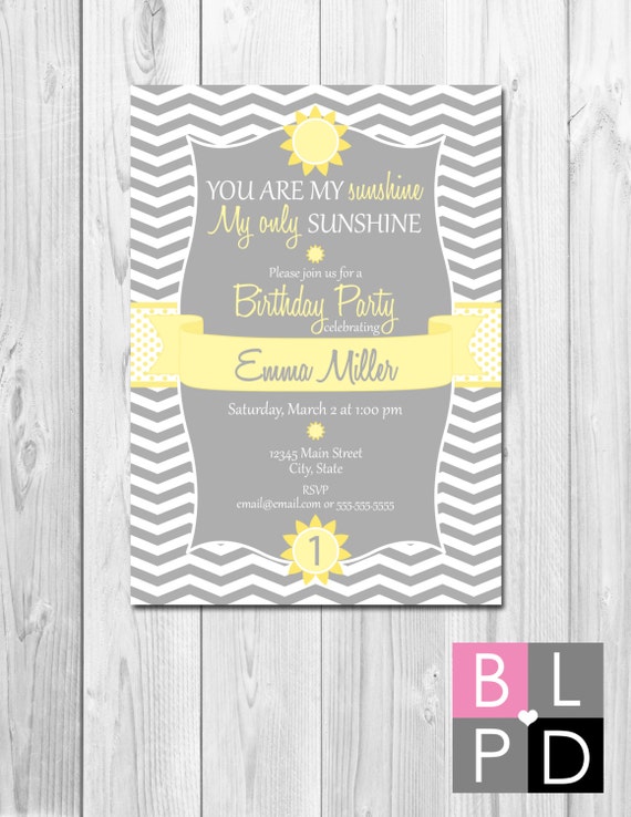 You Are My Sunshine Birthday Party Invitation - Sunshine Birthday - Yellow and Grey - Chevron Stripes - DIY - Printable Il_570xn