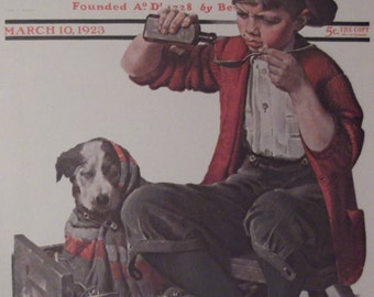 PUPPY LOVE By Norman Rockwell Reproduction Print Christmas Present 1923 The Saturday Evening Post Bookplate Ready To Frame