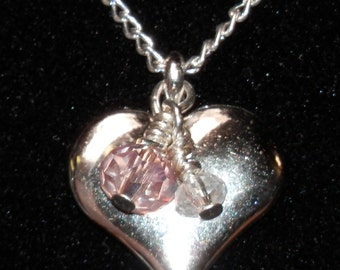 N3 Puffy silver heart charm necklace with crystals