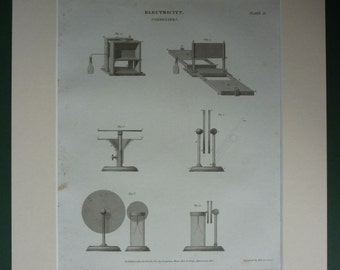 1810 Antique Science Print Electrical Condensers Georgian technical diagram, scientific instruments decor, Electricity Picture, Physics Gift