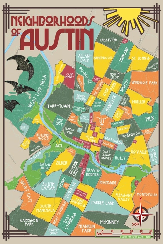 Original Neighborhoods of Austin Map // Austin Texas Print