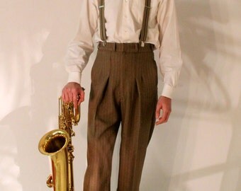1940's mens pants, 1930's high waisted slacks, made to measure swing trousers, made to order pants, brown pinstripe bespoke lindy hop pants