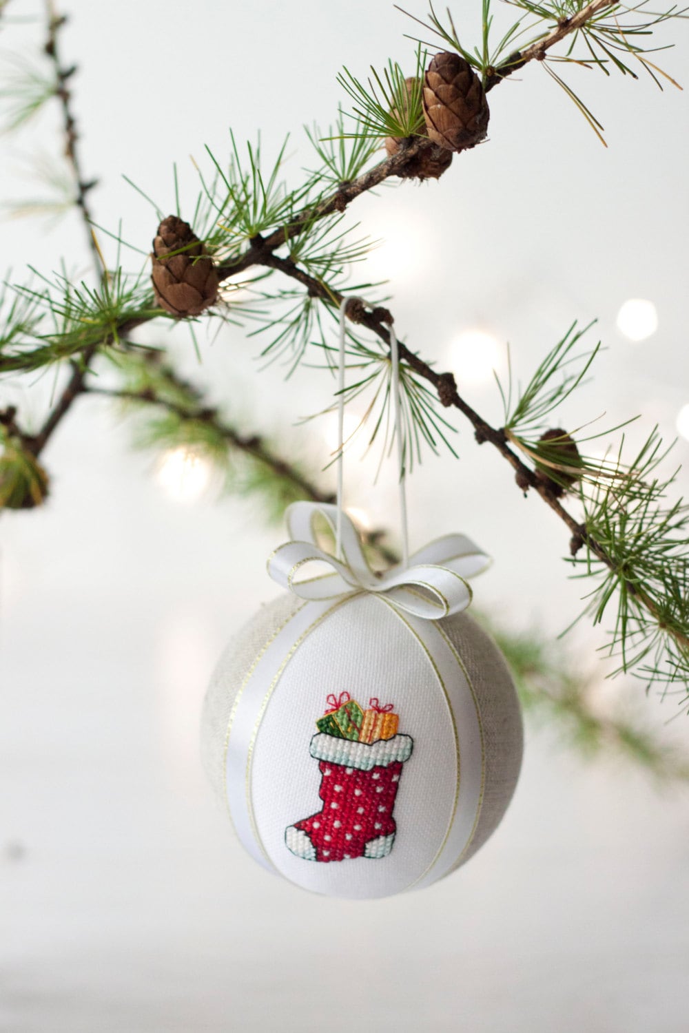 Christmas ornament, hand embroidered with cross stitch picture