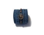 Upcycled Denim Cuff Steampunk accessory wrist bracelet with wooden beads brass beads antique button