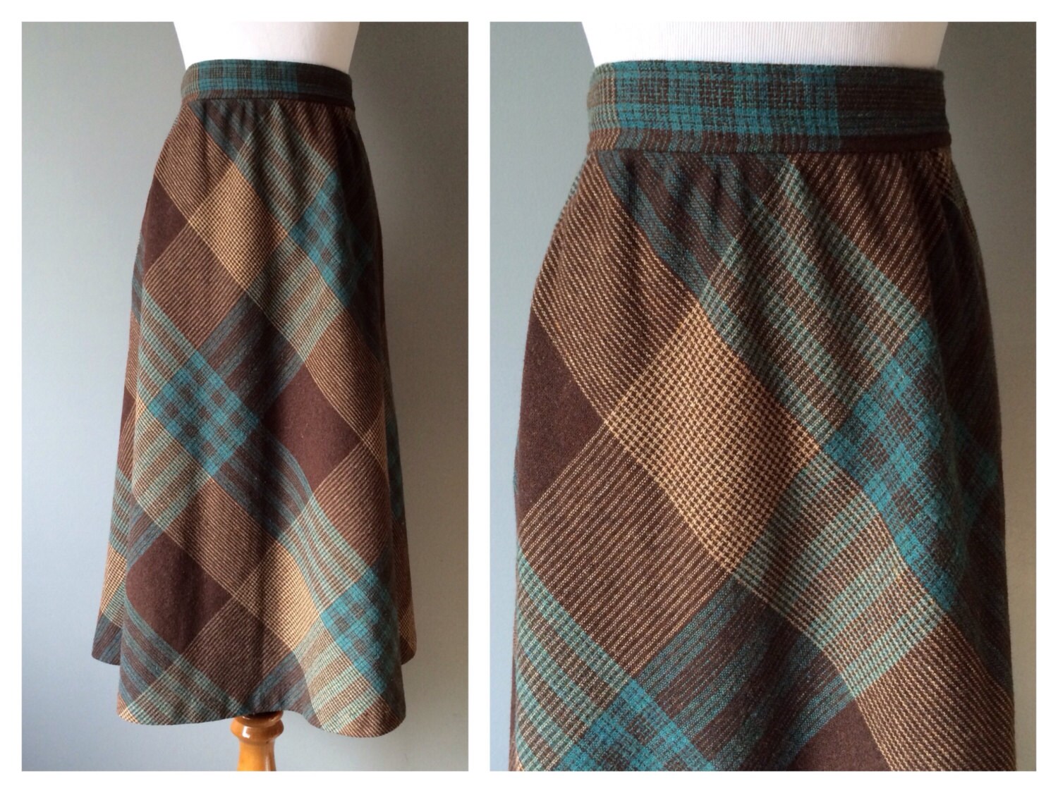 Vintage 1970s Plaid Wool Skirt Aqua Brown Mint Knee Length
