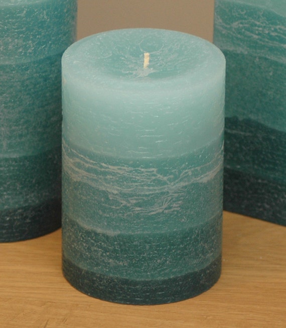Teal Pillar Candle Rustic Striped Style 3 x 4 by NordicCandle