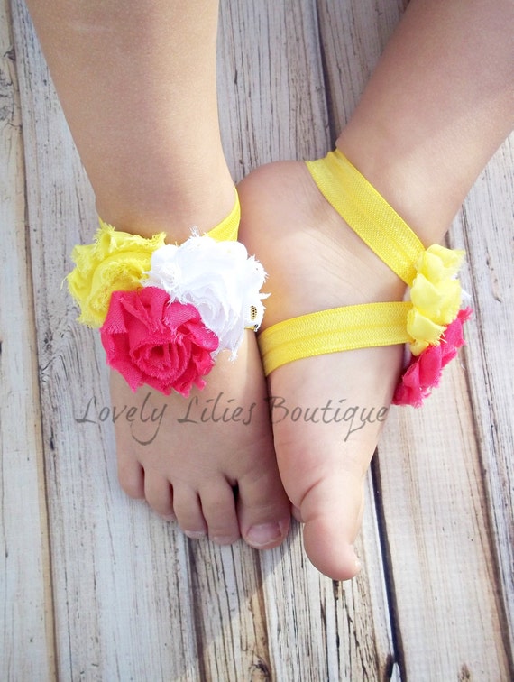 Barefoot Sandals..Yellow, White and Hot Pink Flowers..Toddler Sandals ...