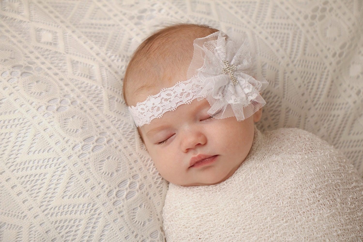 Christening Headband, White Cross Headband, Lace Baptism Headband