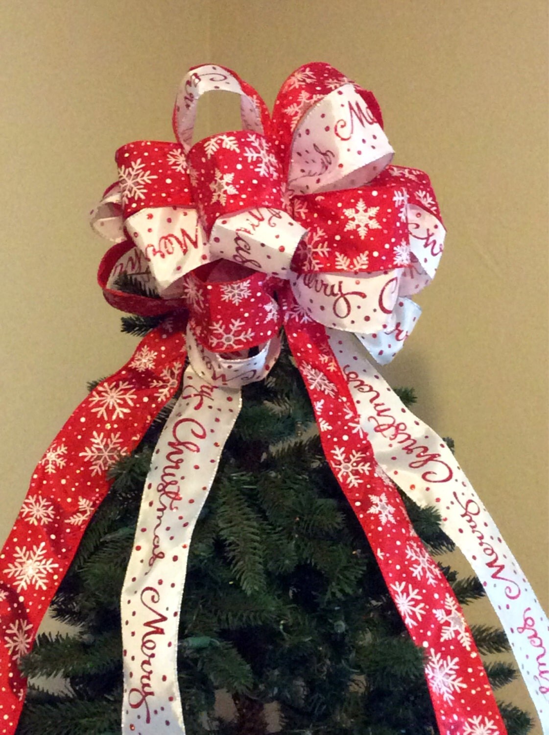 Christmas Tree Topper Bow/ Merry Christmas Snowflake Tree Topper Bow/ Red and White Christmas Tree Topper/ Snowflake Christmas Tree Bow